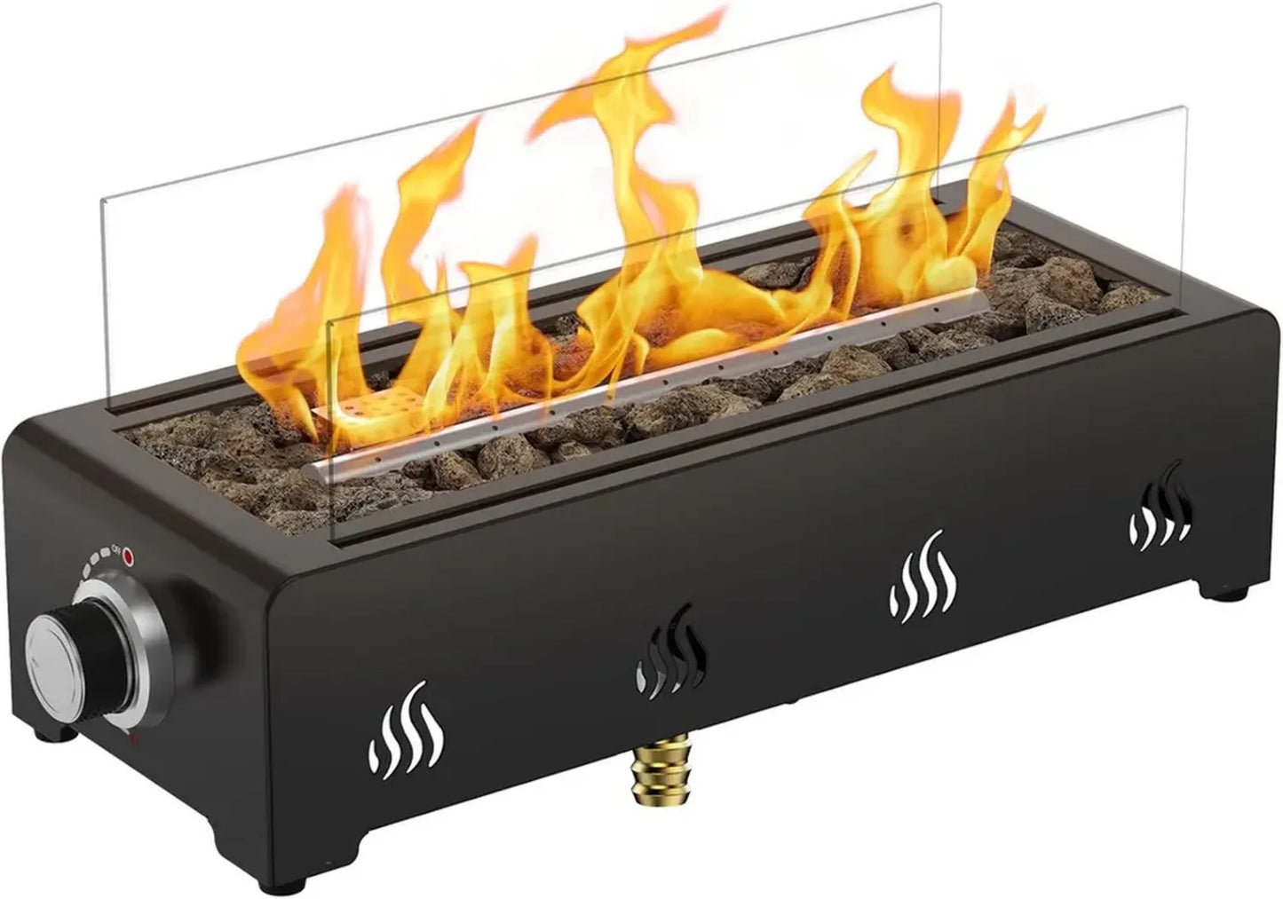 Brasero à gaz portable 45 cm avec pierres de lave et pare-vent en verre pour terrasse et jardin